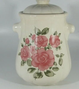 Roseland Cookie Jar Canister 9 3/4" H w lid Gibson Stoneware White Pink Green ! - Picture 1 of 8