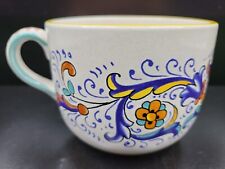 Rico Deruta Italy Flat Cup Ceramic Blue Yellow Rim Scrolls Floral Coffee Tea Mug