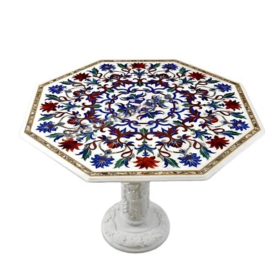 White Marble Octagonal Table Top with Pietra Dura Inlay - Semi Precious Stones, - Image 1 of 4