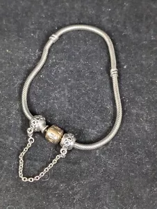 Pandora Sterling & 14k Gold Barrel Clasp Snake Bracelet W/ Safety Chain Hearts - Picture 1 of 9