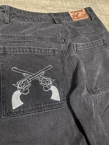 Men’s Vivere Black Baggy Denim Jeans With A Gun Embroidery Size 30 Waist - Picture 1 of 8