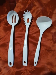 Lot of 3 White Melamine Slotted Spoon Spaghetti Spoon Ladle Kitchen Utensils - Picture 1 of 11
