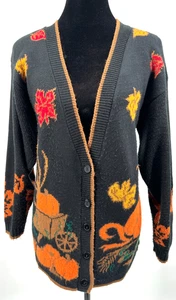 Basic Editions Womens V-Neck Cardigan Medium Black Fall Leaves Holiday Knit - Picture 1 of 10