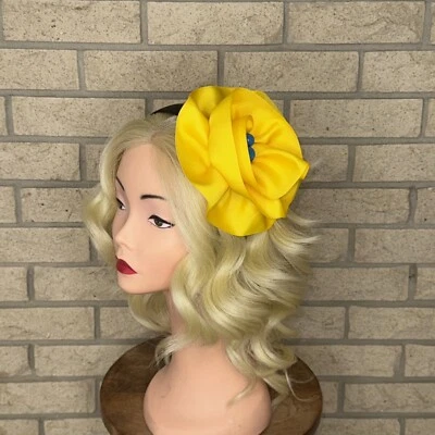 Diadema hecha a mano Ooak Taissa Lada Yellow Black & Blue Gross Grain Flower Retro Foto 1 de 4