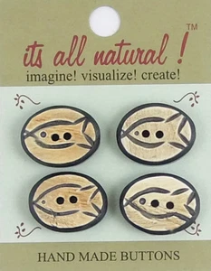 Handmade Natural Horn Buttons - Black/Beige - 33x33mm - Oval Fishes - Picture 1 of 4