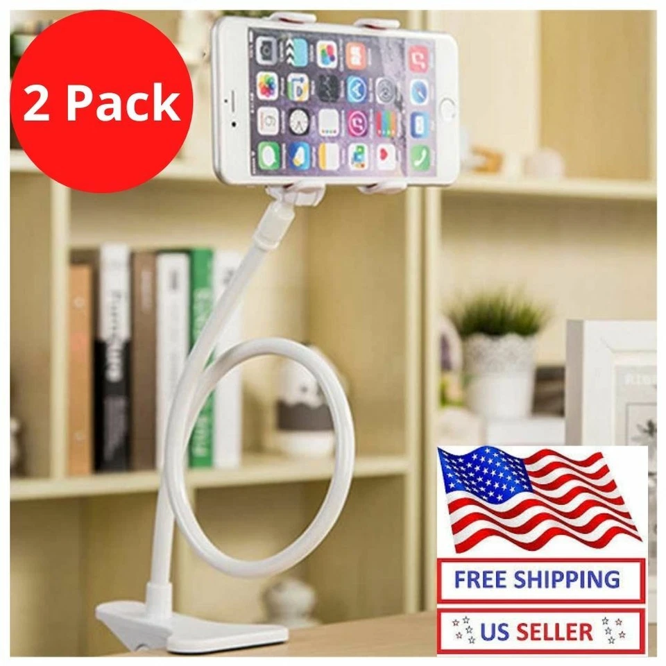 2 Flexible 360 Clip Mobile Cell Phone Holder Lazy Bed Desktop Bracket Mount Stan - Image 1 of 4