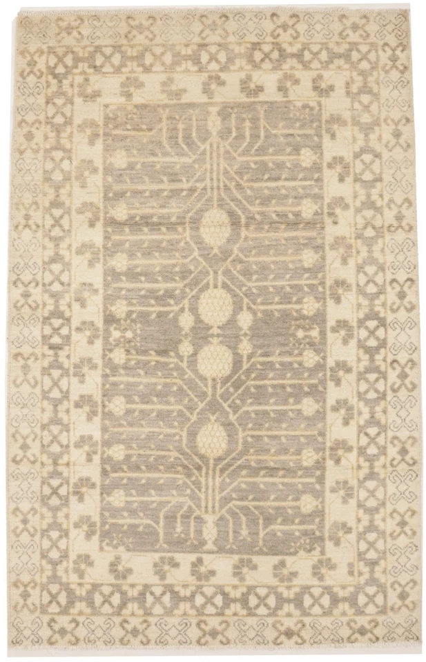 4X6 ft Handmade Khotan Muted Taupe Floral Rug Peshawar Pakistan Entryway Carpet - Image 1 of 4