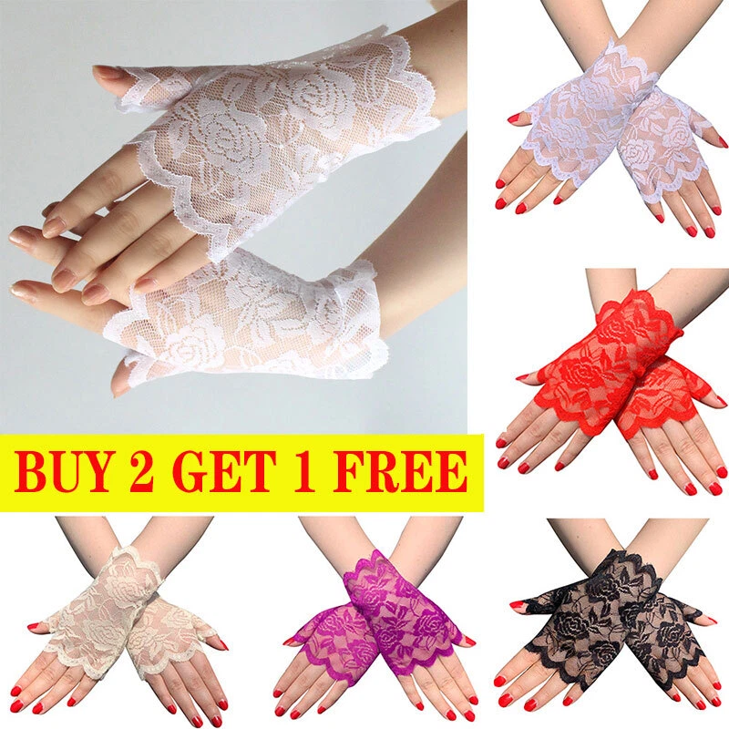 7 Colors Women Short Lace Floral Fingerless Gloves Gothic Bride Wedding Mittens⇓ - Image 1 of 4