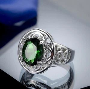 Florid Oval Real Green Quartz Zirconia Gem Silver Woman Wedding Rings Size 6-10 - Picture 1 of 5