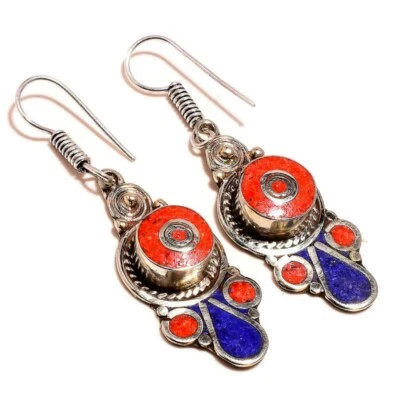 Inlaid Lapis Lazuli and Coral Gemstone Handmade Oxidized Tibetan Tribal Earring - Image 1 of 3