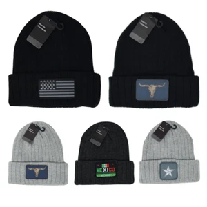 Unisex Patch Beanie Strickmütze Acryl mit Fleecefutter Winter Pull On Mütze USA - Bild 1 von 9