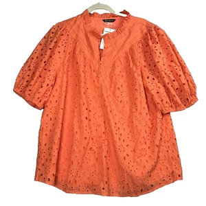 Pretty Garden Blouse Tops Size XL Orange Eyelet Puff Sleeves Ruffled Cottagecore - Picture 1 of 10