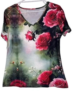 Women's Rose Pattern Fashion T-Shirt - V-Neck, Short Sleeve, Size 10. - Picture 1 of 4
