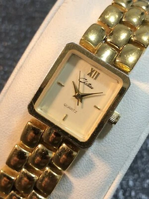 "Reloj de vestir vintage Chateau rectangular 18 mm para dama tono dorado 6,25"" batería nueva" Foto 1 de 4