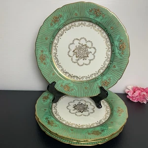 Noritake China Japón - 4 platos de cena pintados a mano verde esmeralda con adornos dorados - Imagen 1 de 14
