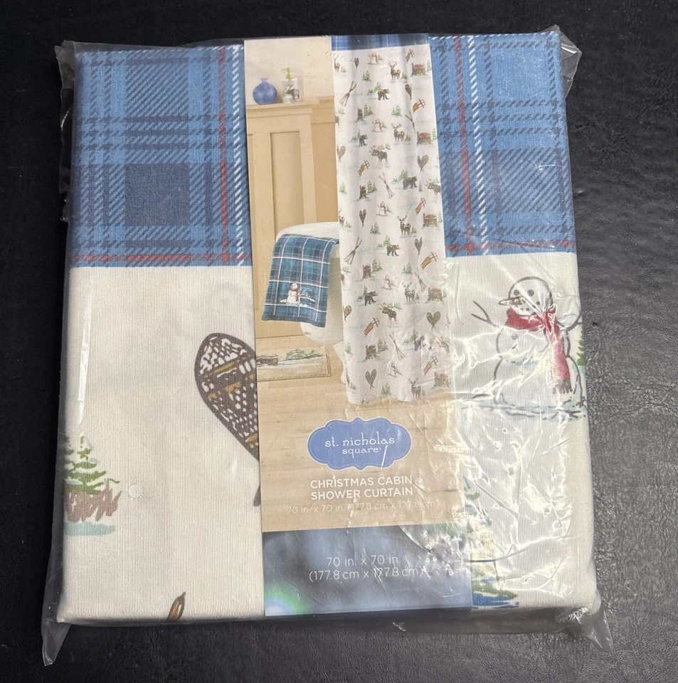 Christmas Cabin Fabric Shower Curtain St. Nicholas Square 70x70 Deer