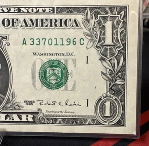 😎 $1 1995 A-C Plate # 1/9 RUN 6 ( WEB NOTE) FEDERAL RESERVE NOTE - XF/ AU - Picture 1 of 9