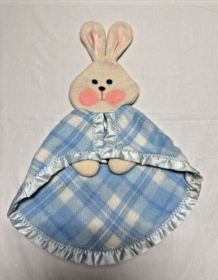 复古 1979 Fisher Price 蓝色格子兔子兔子安全毯婴儿 Lovey — 第 1/4 张图片
