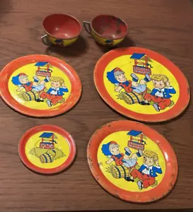 Vintage Ohio Art Company Tin Litho Toy Tea Set Jack & Jill Service For Two 6pcs - Picture 1 of 5
