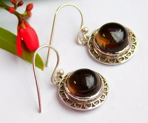 925 Pure Sterling Silver Round Smoky Quartz Beads Dangle Earrings 1.25" - Picture 1 of 6