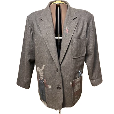 Chaqueta de lana de conejo gris pintada a mano de novedad. Talla L-!X.  Forro de cachemira. GB Foto 1 de 4