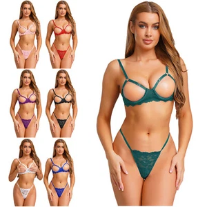 Women See Through Lace Lingerie Set Cupless Underwire Bra with T-back Underwear - Picture 1 of 94
