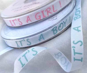 1m x 10mm Silky Grosgrain Baby Ribbon Its a Boy Girl Pink white Blue Shower Gift - Picture 1 of 2