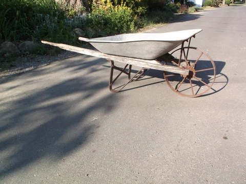 Antique Aljax Wheelbarrow Garden Art Planter Iron Wheel Aluminum Box Nice Shape Cover