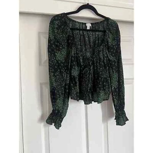 NWOT Topshop Crop Blouse Ling Sleeve Black/Green Size 6 US Stars, Green - Picture 1 of 6