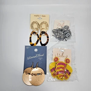 Earring Lot 4 Pair Seed Bead Leaves Bee Gold Tone Dangle Resin - Picture 1 of 9