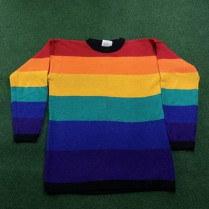 Vintage Rainbow Striped Sweater Mens M Blue 80S 90S Acrylic Knit Sweatshirt - Picture 1 of 8