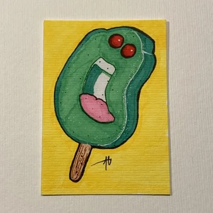 Original Slimer Ice Cream Ghostbusters Art ACEO Hand Drawn Pen & Ink 2.5” X 3.5” - Picture 1 of 5