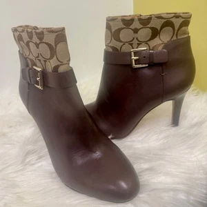 Coach Messina Brown Boots Jacquard Signature C Logo & Leather Almond toe Sz 8B - Picture 1 of 13