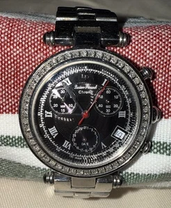 Lucien Piccard 3ATM Swiss Chrono Watch Diamond Bezel Emerald Button Bling - Picture 1 of 10