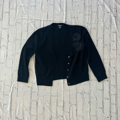 Cárdigan Suéter Vintage Años 90 DKNY Lana de Cordero Floral Negro L Diseñador Botón Delantero Foto 1 de 4