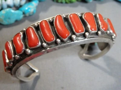 KEWA PUEBLO Sgnd MEDITERRANEAN CORAL Sterling Silver 15gem Row 37g CUFF Bracelet - image 1 of 4