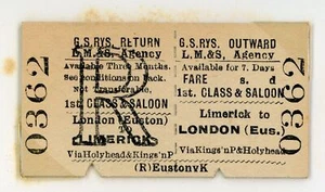 Railway Ticket Irish GSR 1st Class Saloon Return v Holyhead Euston to Limerick - Picture 1 of 1