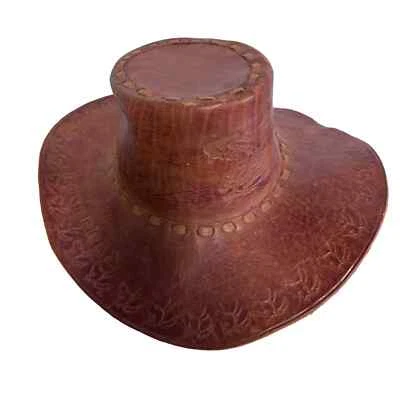 Vintage 70s Hand Tooled Leather Cowboy Hat Horses Honduras Hippie Sz 7 - Image 1 of 4
