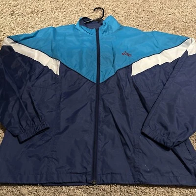 Jaqueta corta-vento vintage ASICS azul marinho náilon com zíper grande anos 90 - Imagem 1 de 4