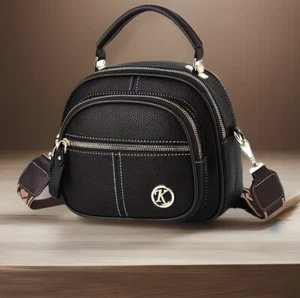 Brand New Black PU Purse Handle Brown Detachable Crossbody Strap Compartments - Picture 1 of 8