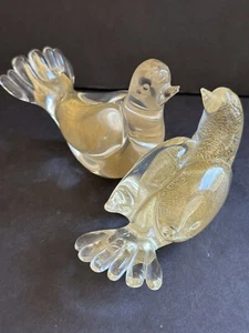 Pair Vintage Murano Glass Bird Figurines Gold Fleck 3”x4” Polished Base Formia - Picture 1 of 24