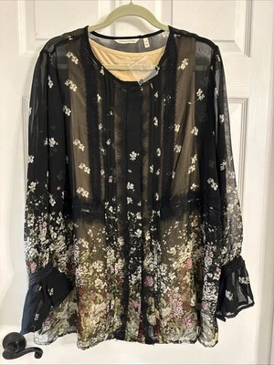 Soft Surroundings Black Floral Sheer Button Up Blouse W/Tank Lace Detail 2X NWOT - Image 1 of 4