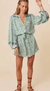 Spell Sienna Tunika Kleid Bindegürtel Blumen Boho grün lila Medium - Bild 1 von 10