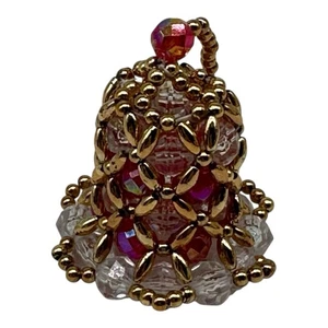 Vintage Handarbeit Perlen Glocke Weihnachtsschmuck ~ rosa rot, gold, klar - Bild 1 von 5