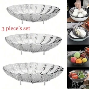 3x PCS Set Folding Steamer Steam Vegetable Basket Stainless Steel Cook Mesh Tray - Picture 1 of 14
