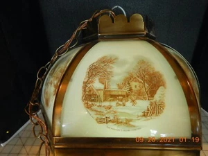 Vtg Currier and Ives winter scene farm 6 side Glass Lamp Hanging Ceiling Light - Picture 1 of 3