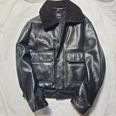 NUEVA CHAQUETA ZARA NEGRA CUERO OVEJA AVIADOR CUELLO PIEL OVEJA S PEQUEÑA 38US Foto 1 de 4