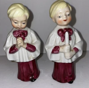 Par de estatuillas vintage de cerámica de coro de Navidad de niño altar con velas 5" Japón - Imagen 1 de 9