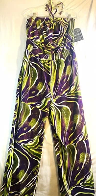 IQ Authentic  Jumpsuit Womens XL Green Purple Geometric Halter Chiffon Wide Legs - Image 1 of 4