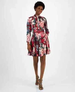 Tahari ASL Women's Mock-Neck Belted Fit & Flare Dress, Mulberry Multi, Size-0P - Picture 1 of 4